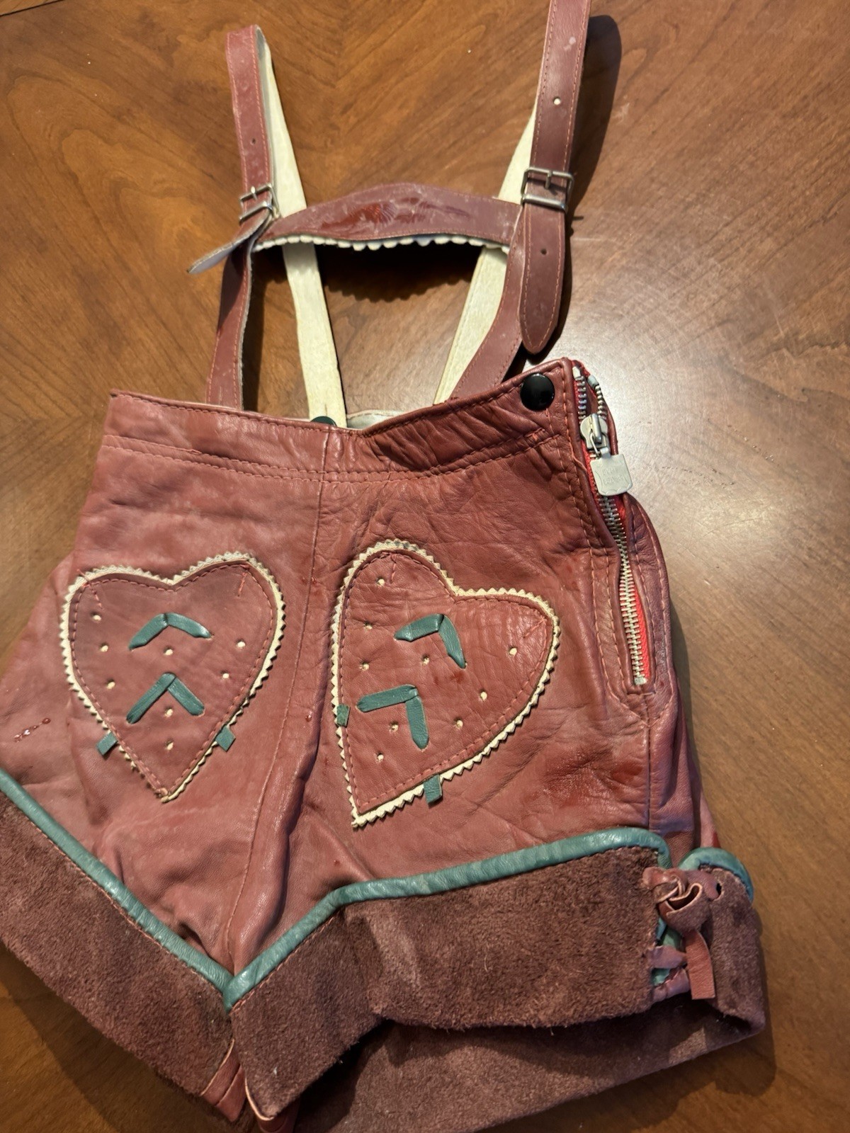 Vintage Lederhosen Red With Green ￼Accents German Shorts Echt Leder