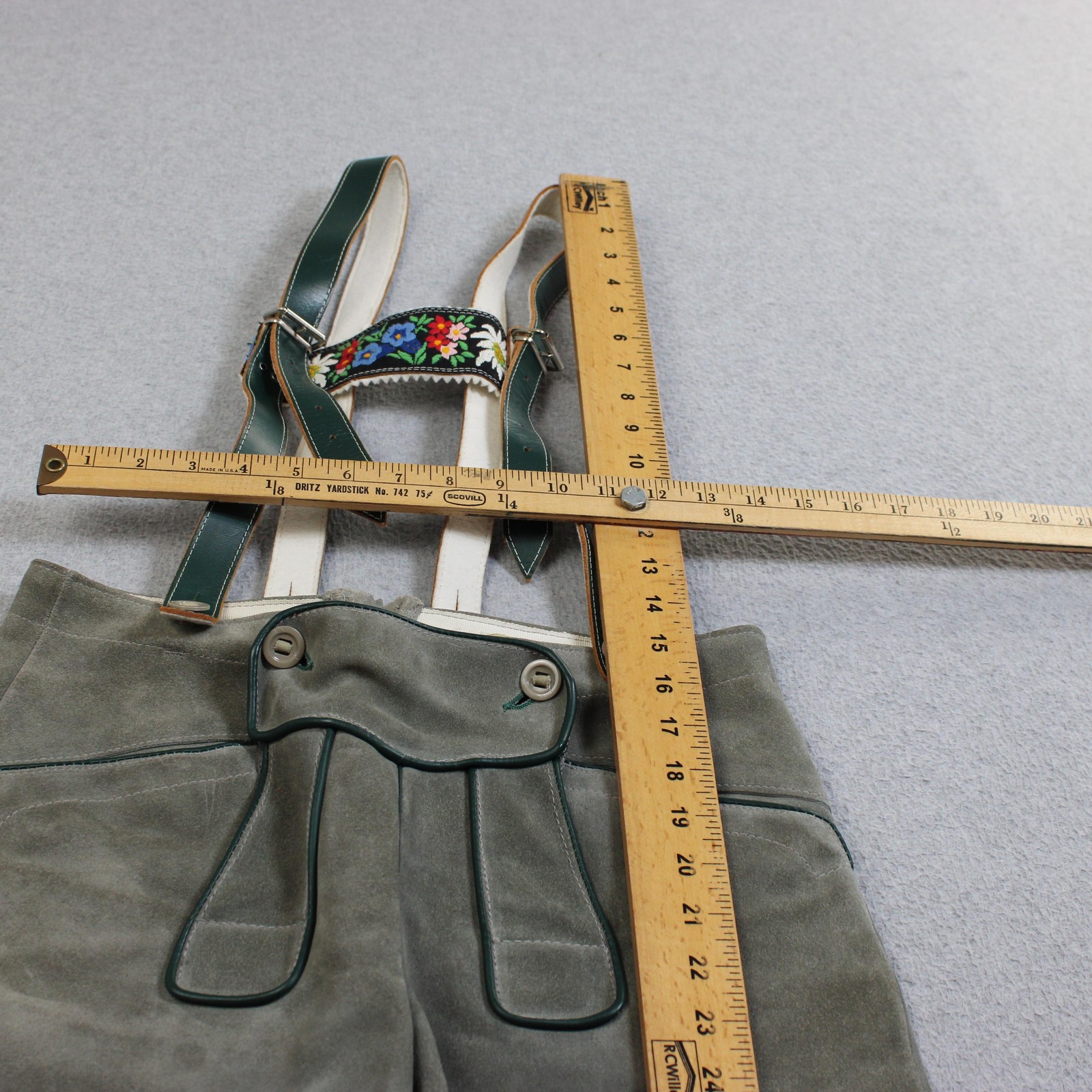 Vintage Jahn-Markl Lederhosen Gray Leather Suede Suspenders Austria Floral READ