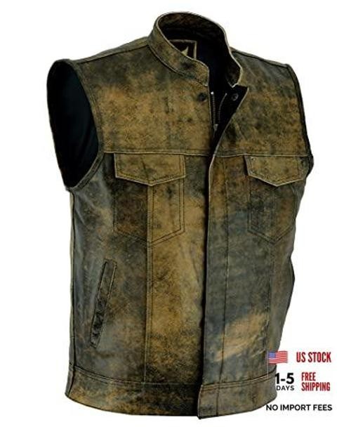 Mens Leather Motorcycle Vest | SOA Club Style Biker Vest Small Distress Brown