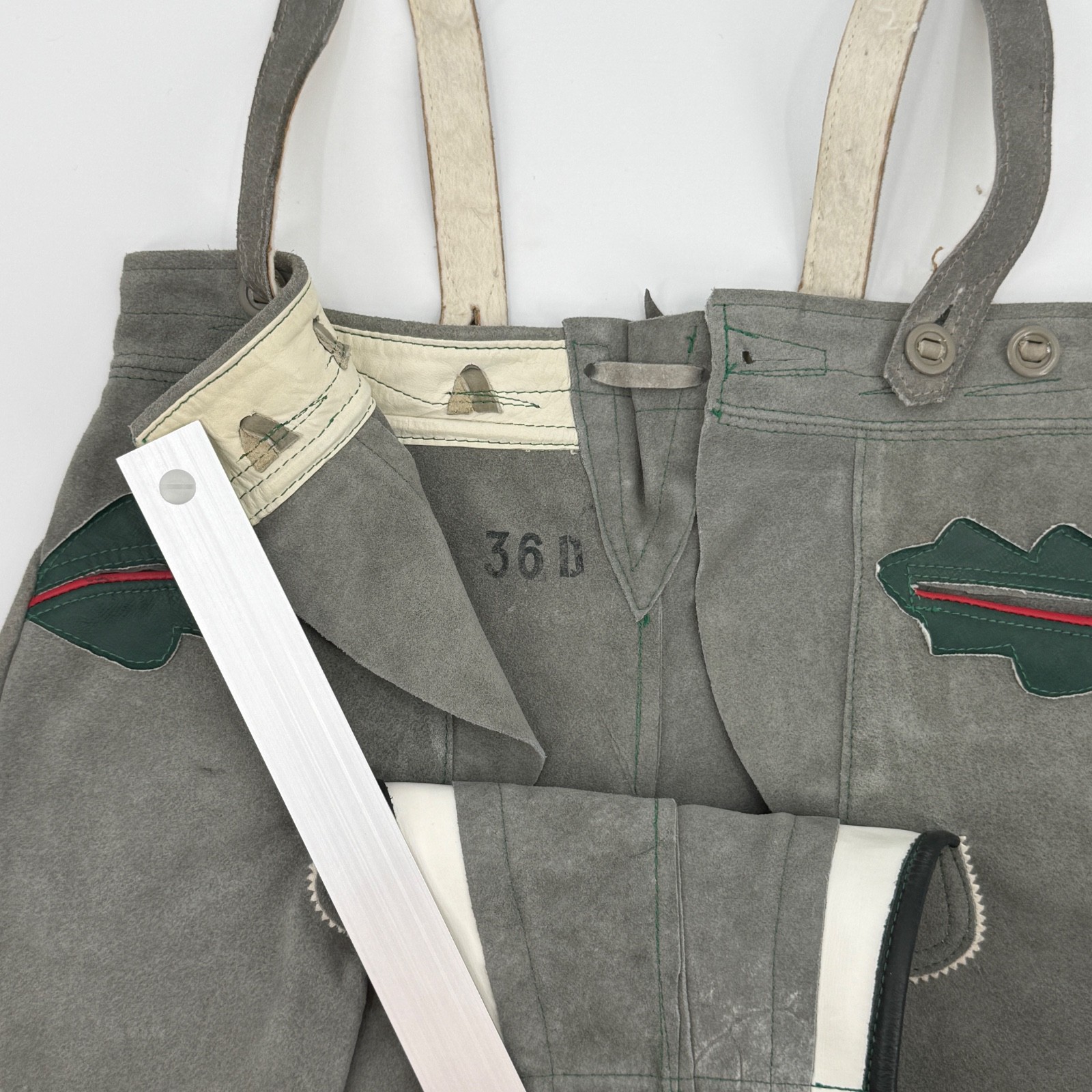 Vintage German Leather Lederhosen Shorts Suspenders Gray Suede Oktoberfest 36D