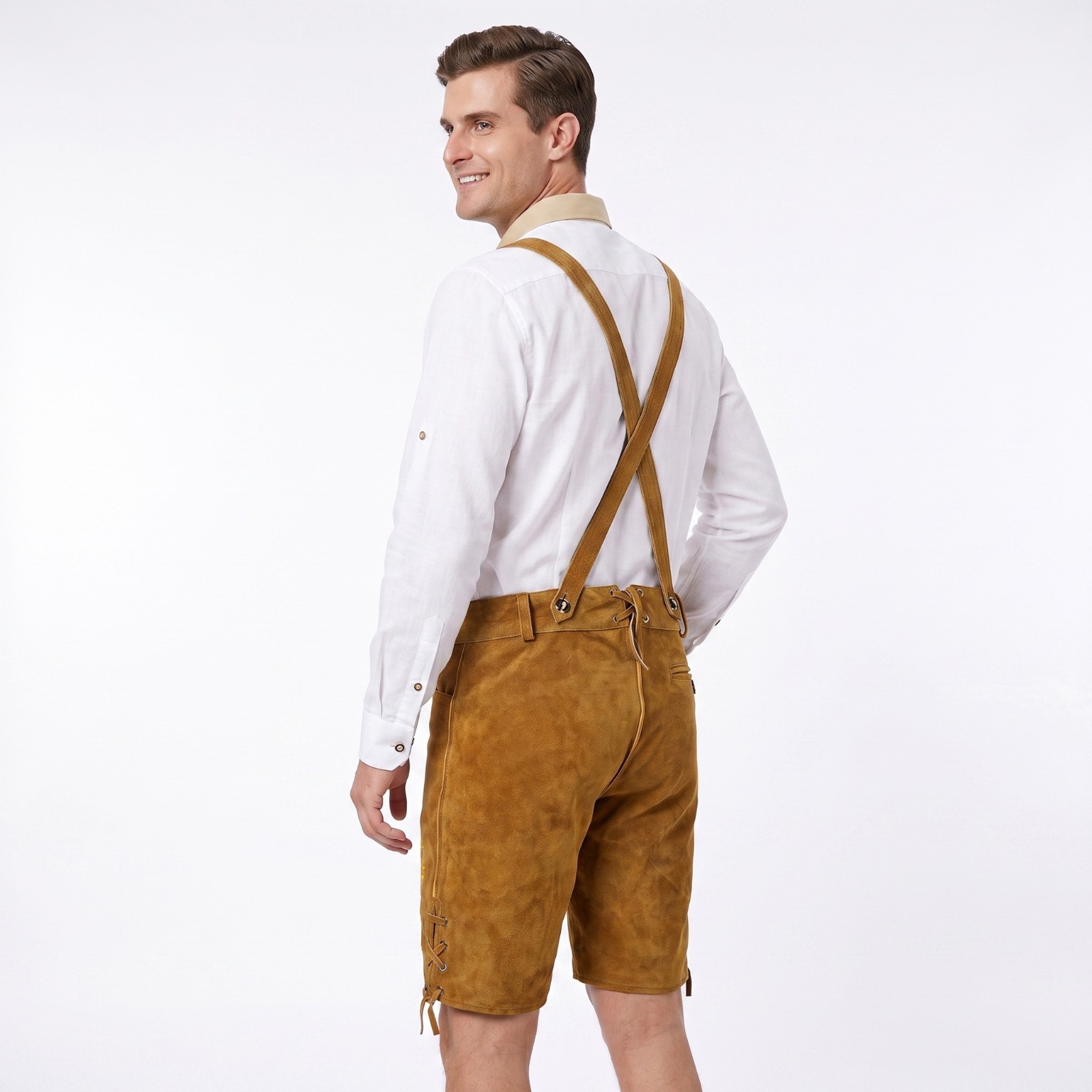 Men’s Suede Lederhosen Nowitzki Golden Brown Oktoberfest Costume German Outfit