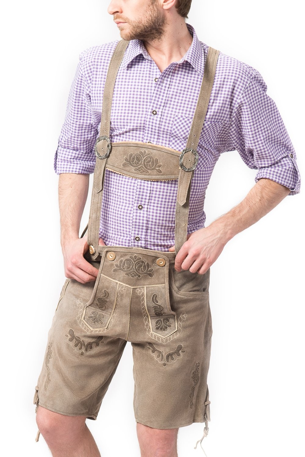 Tannhauser short traditional leather pants vintage with suspenders, beige, de 46-58