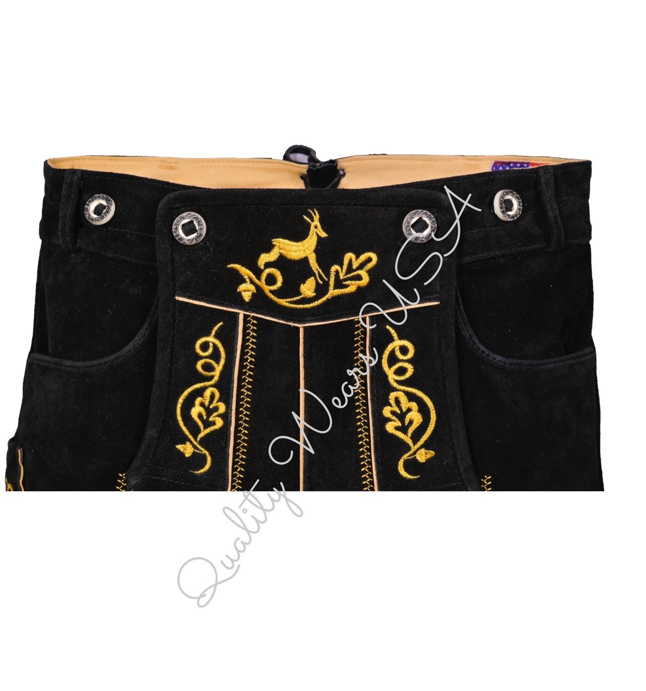 Men Authentic Lederhosen – Oktoberfest Lederhosen- Black & Yellow