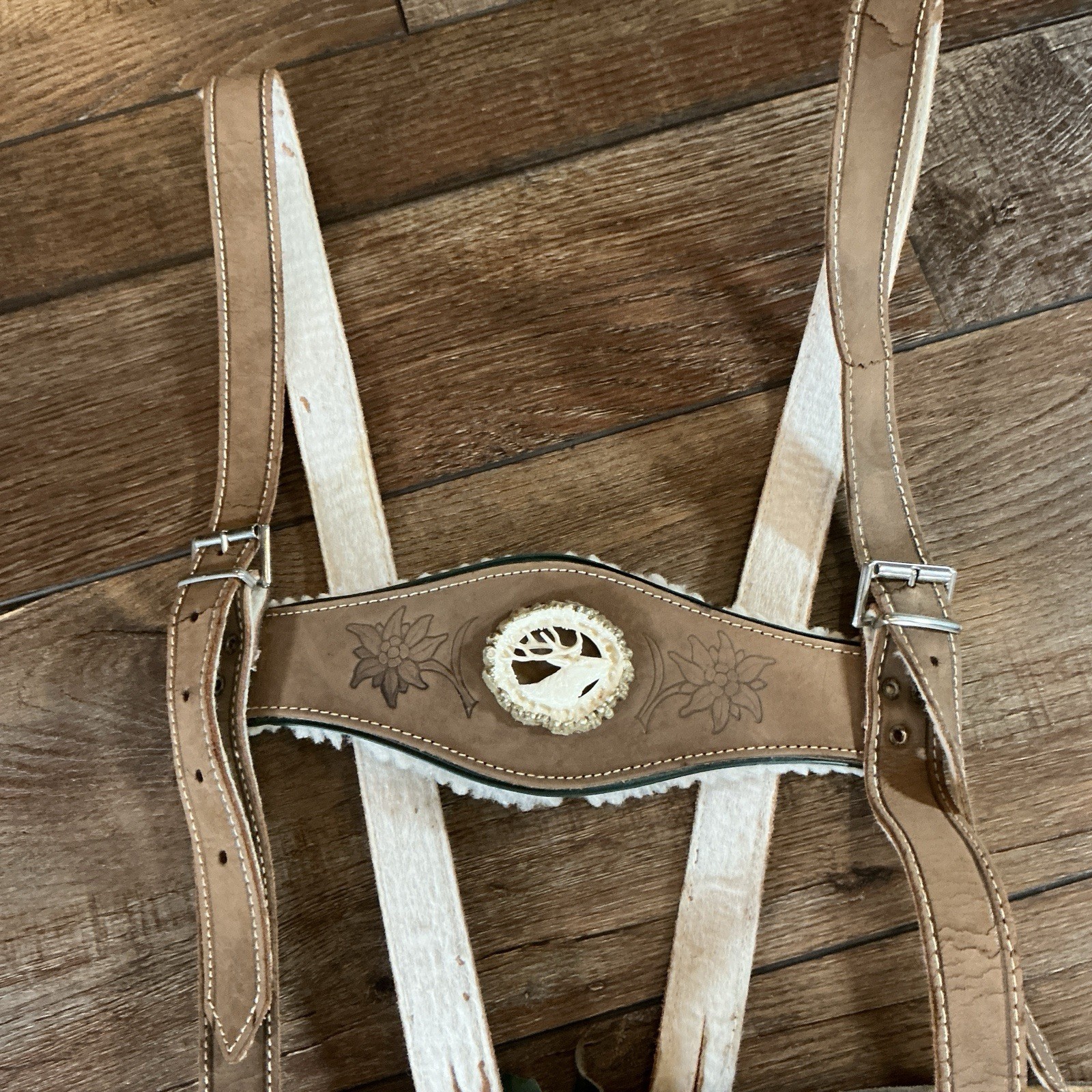 VTG Western Germany Suede Lederhosen W27 Suspenders Edelweiss Oktoberfest #12E6