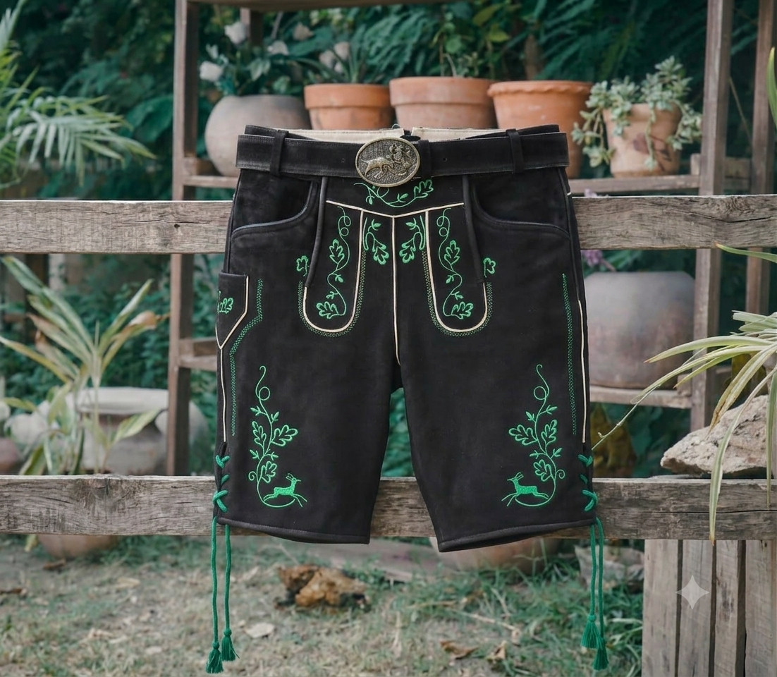 Mens Oktoberfest Lederhosen Black Genuine Suede Shorts Bavarian Folk Short New