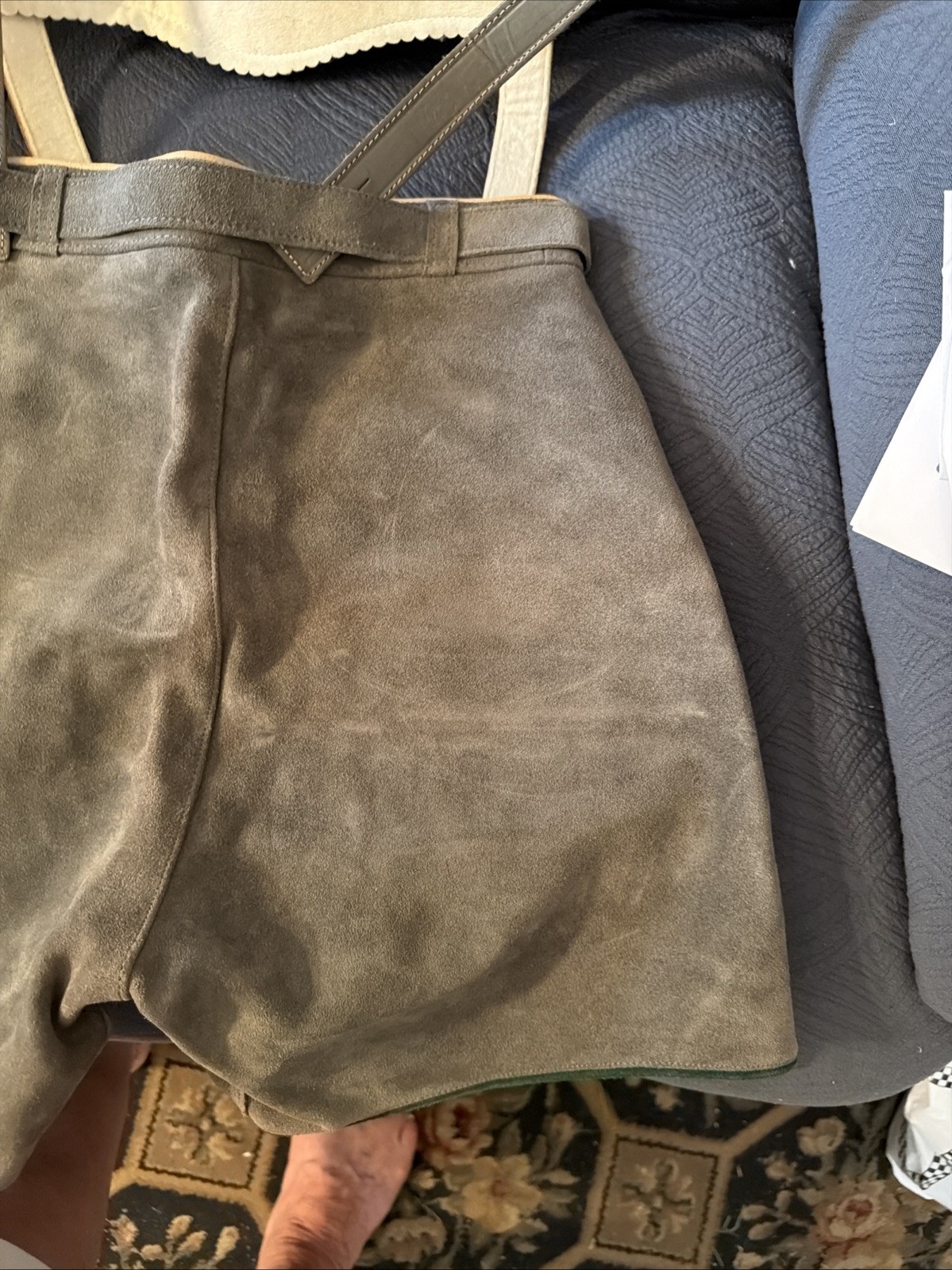 Vintage Lederhosen West Germany Leather Suede Gray Waist 26 Button Suspenders