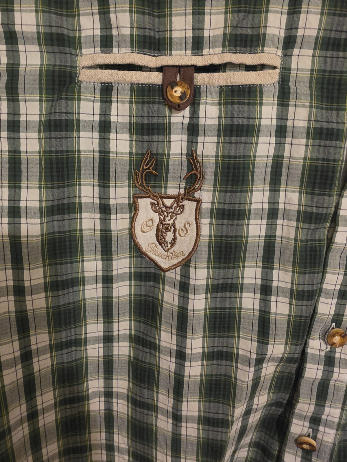 OS Trachten Alpenjäger Bavarian Shirt Green Plaid Mountain Patches Oktoberfest M