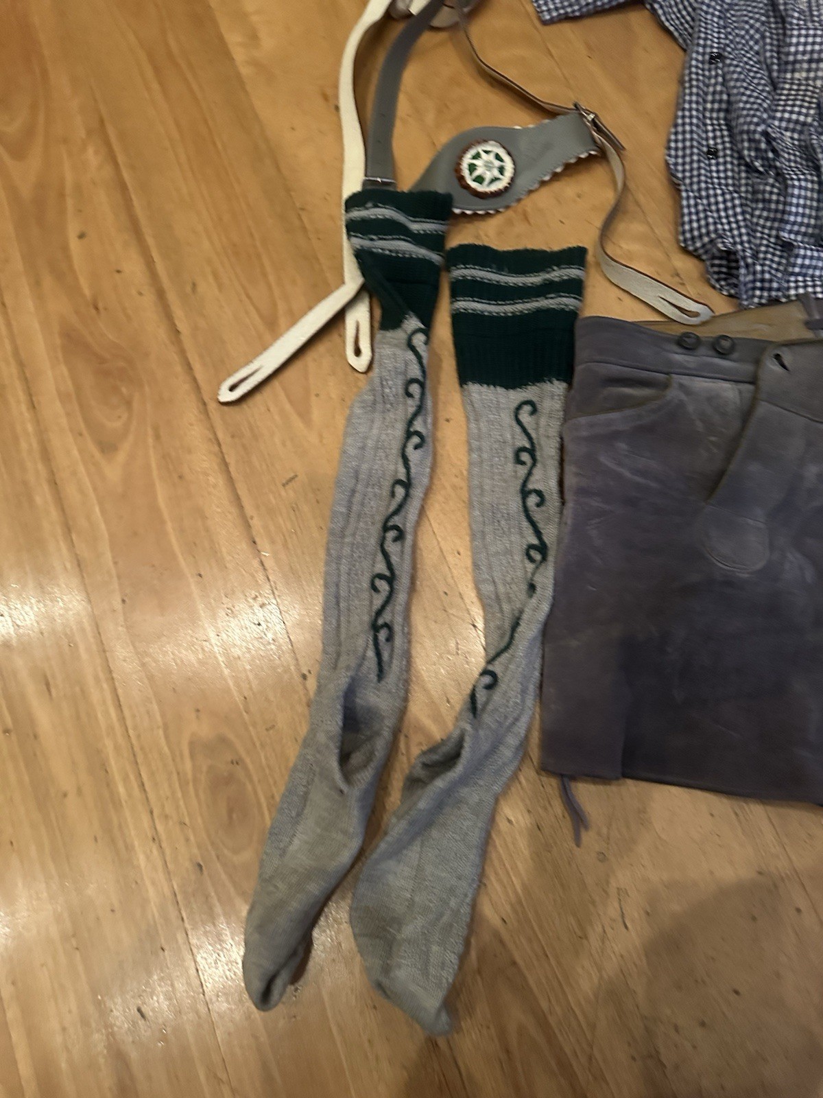 Leather Lederhosen Oktoberfest Set Shirt suspenders socks all made Germany