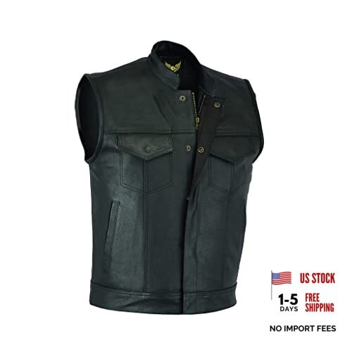 Mens Leather Motorcycle Vest | SOA Club Style 3X-Large Black (With Collar)