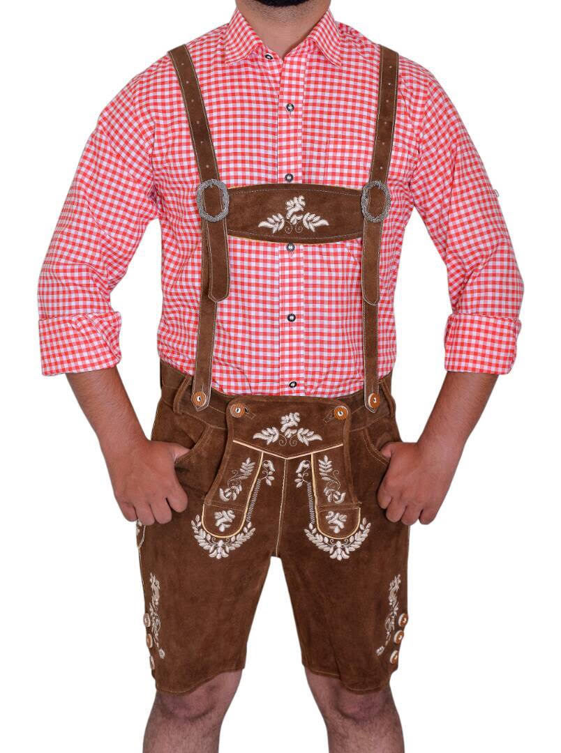 German Bavarian Lederhosen Oktoberfest Real Leather Brown with Matching Shorts