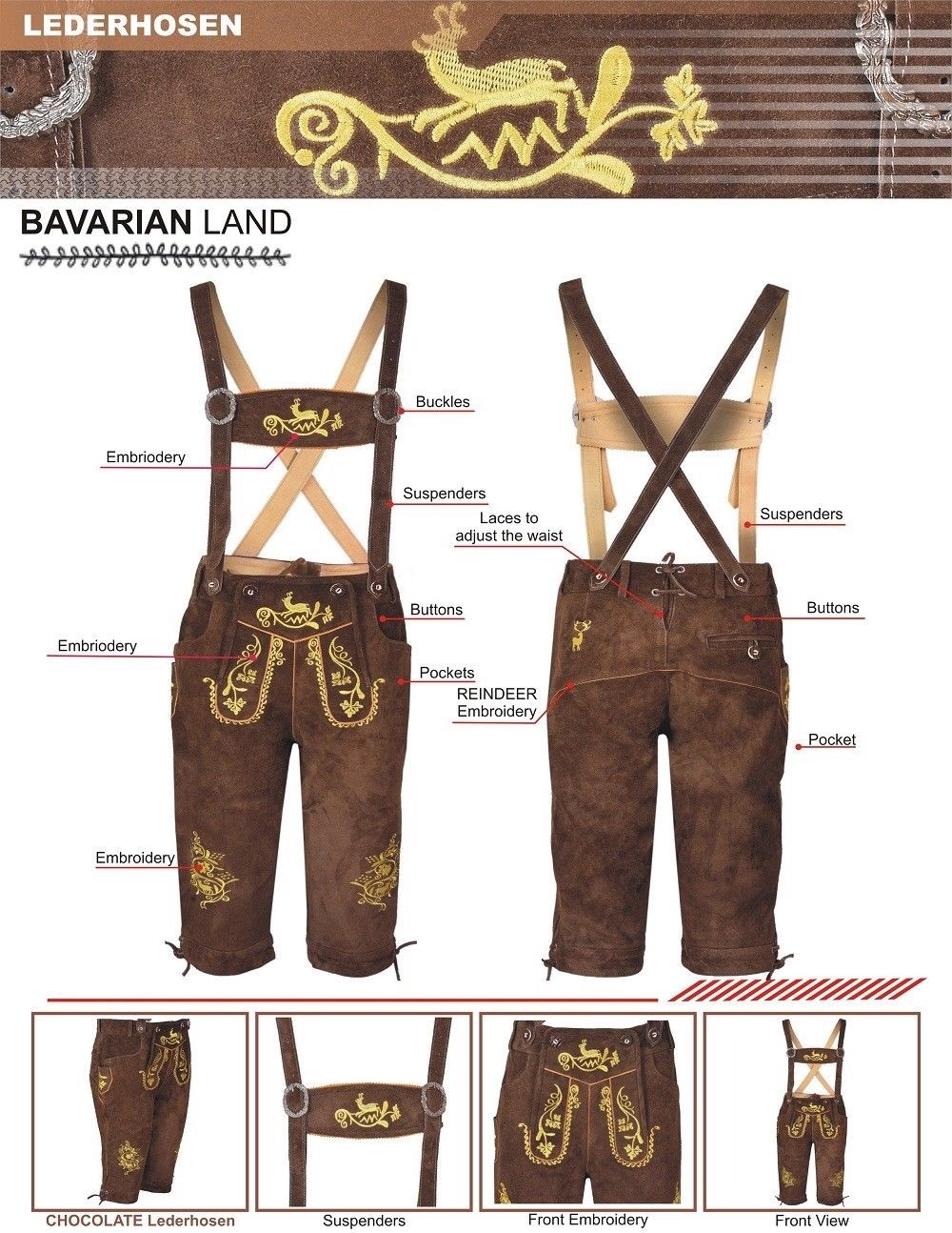 German Oktoberfest Long Bavarian Lederhosen Real Leather Matching Suspenders New