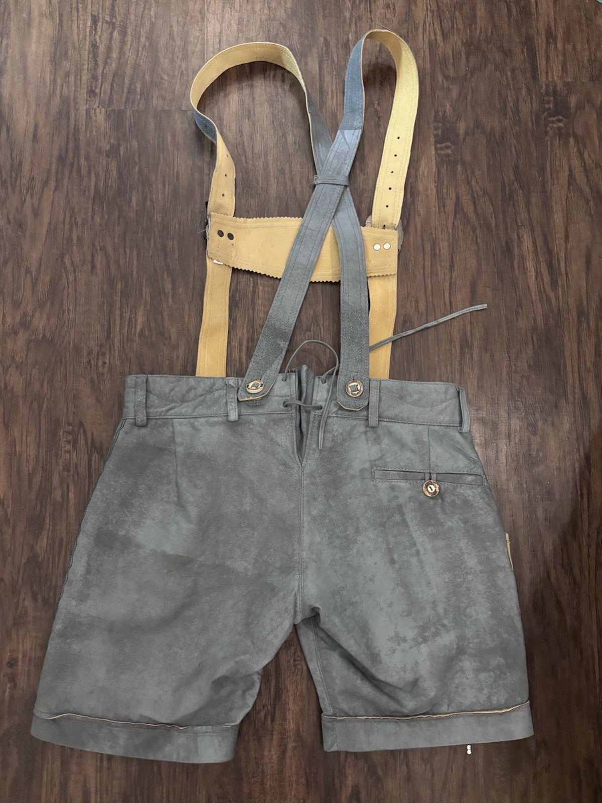 Maddox Genuine Leather Blueish Grey Lederhosen Shorts w/ Suspenders Size 38
