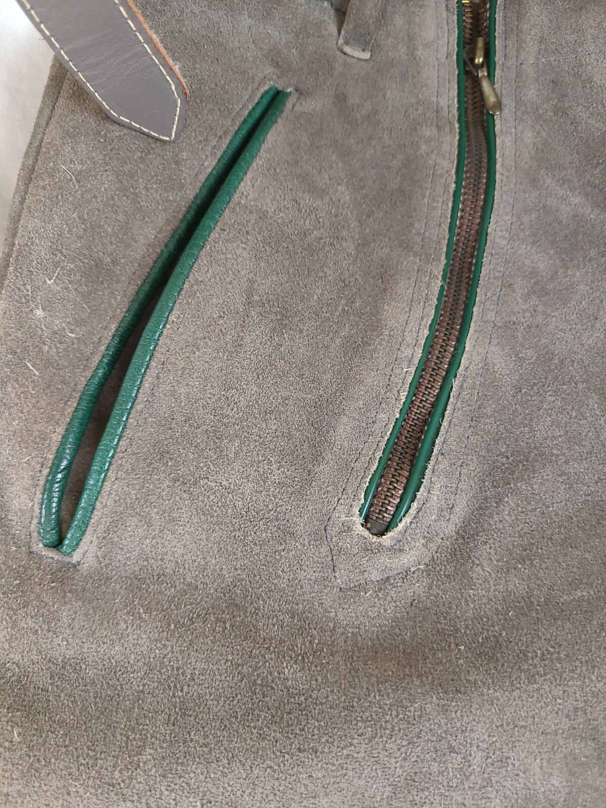 Vintage Lederhosen gray-brown color suede leather, green accent