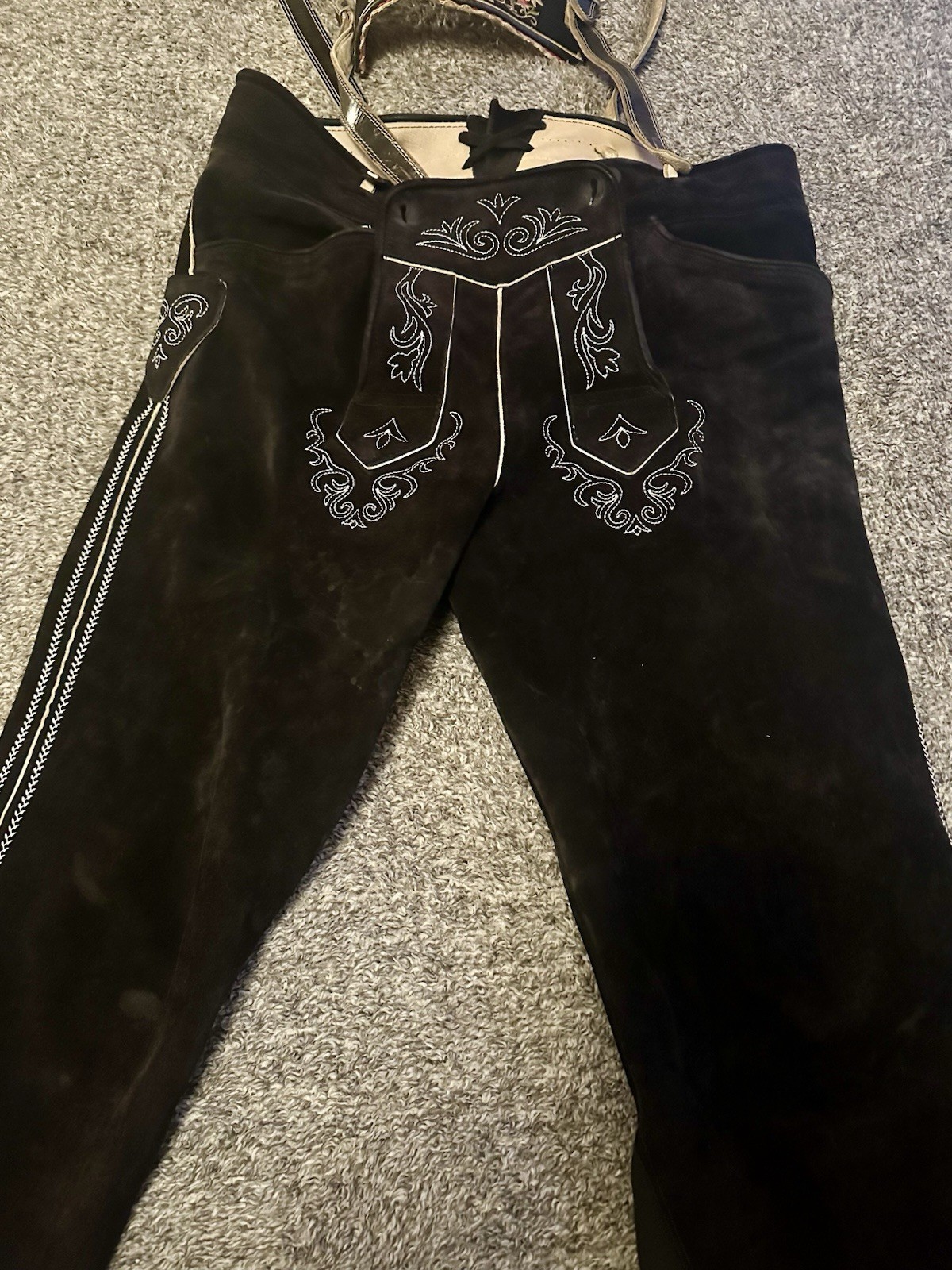 Beckert Modell Embroidered Suede Lederhosen Sz 36 Waist With Suspenders