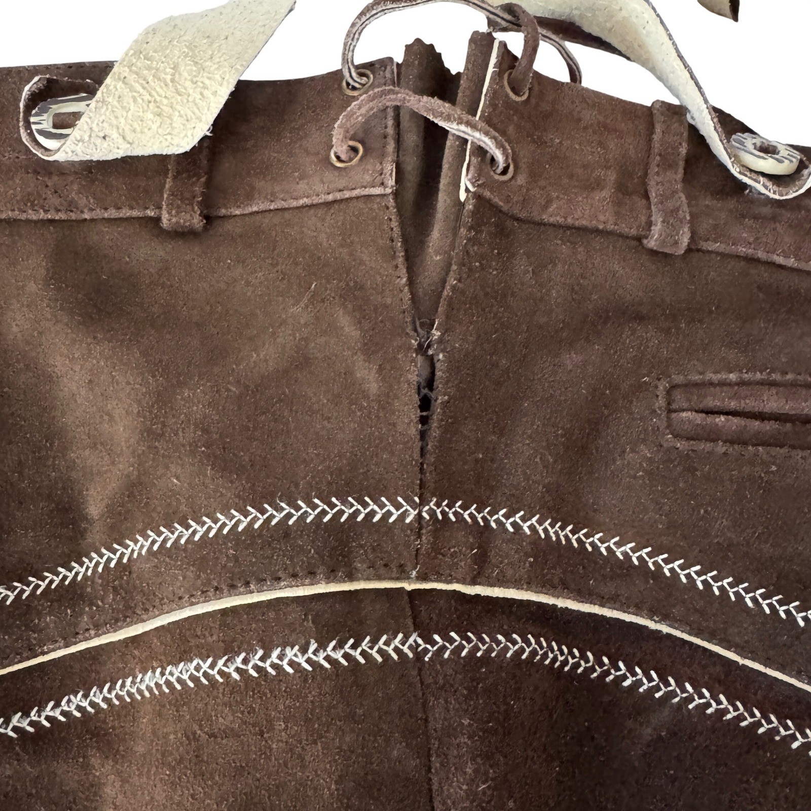 Brown Suede Lederhosen Bavarian German Oktoberfest Suspenders Embroidery 42″