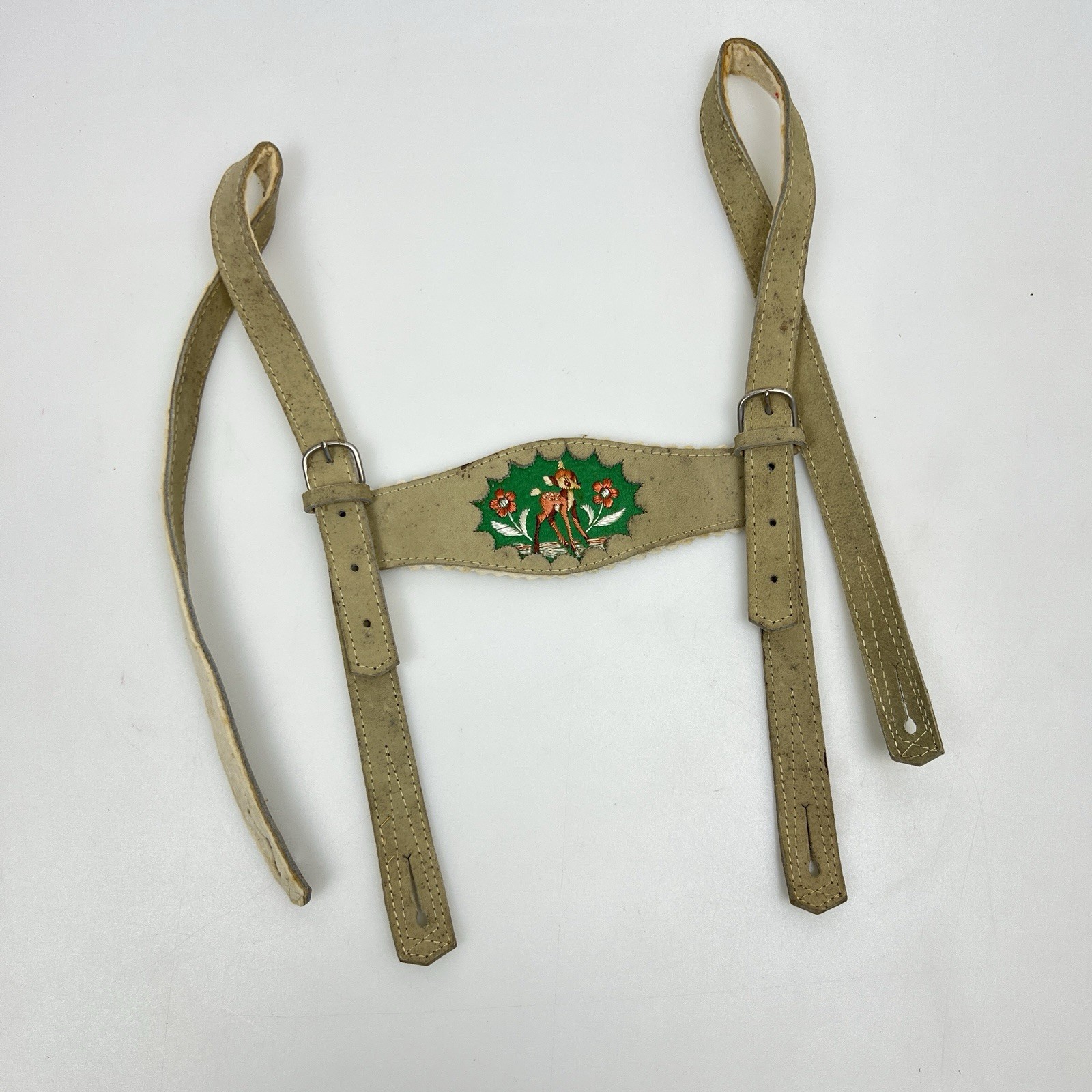 Vintage German Bavarian Lederhosen Suspenders Youth Deer Embroidered