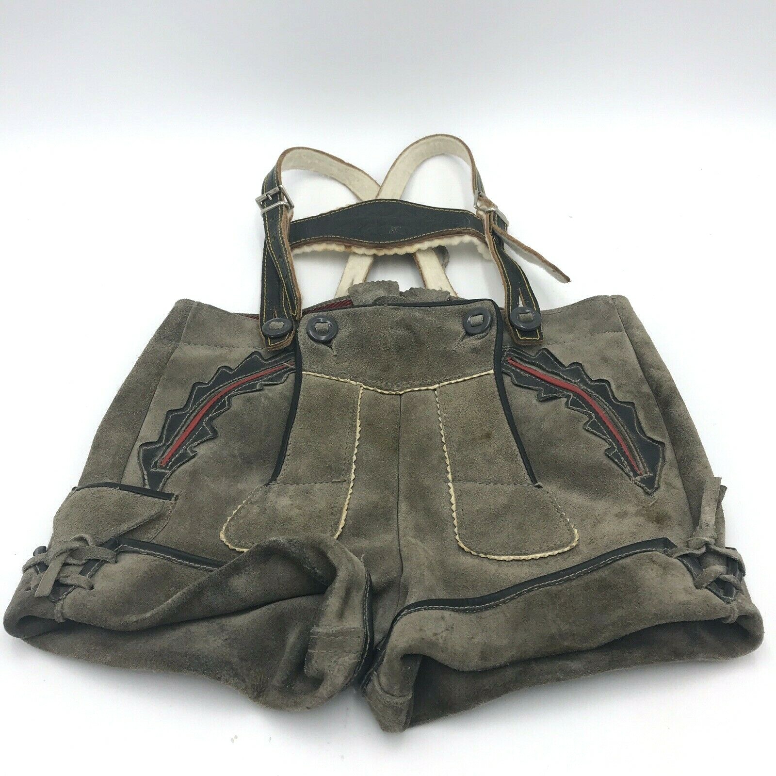 Vtg Lederhosen Grey Suede Leather 21″ Sm Waist Decor