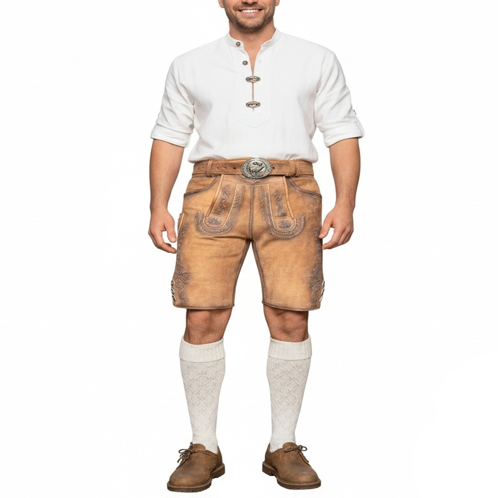 Men’s Deer Lederhosen Traditional Lederhosen Antique Brown Oktoberfest Pants Size 46-58
