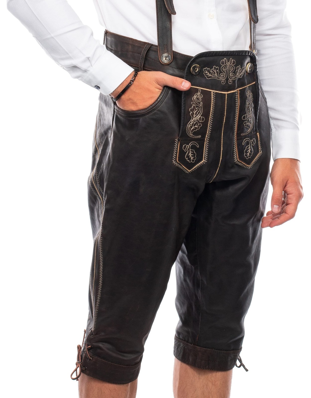 Traditional Lederhosen Men’s CapriLength Dark Brown – Size 50 – Oktoberfest