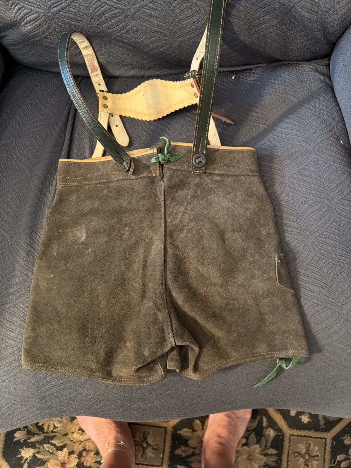 Vintage Lederhosen West Germany Leather Suede Gray Waist 21 Button Suspenders