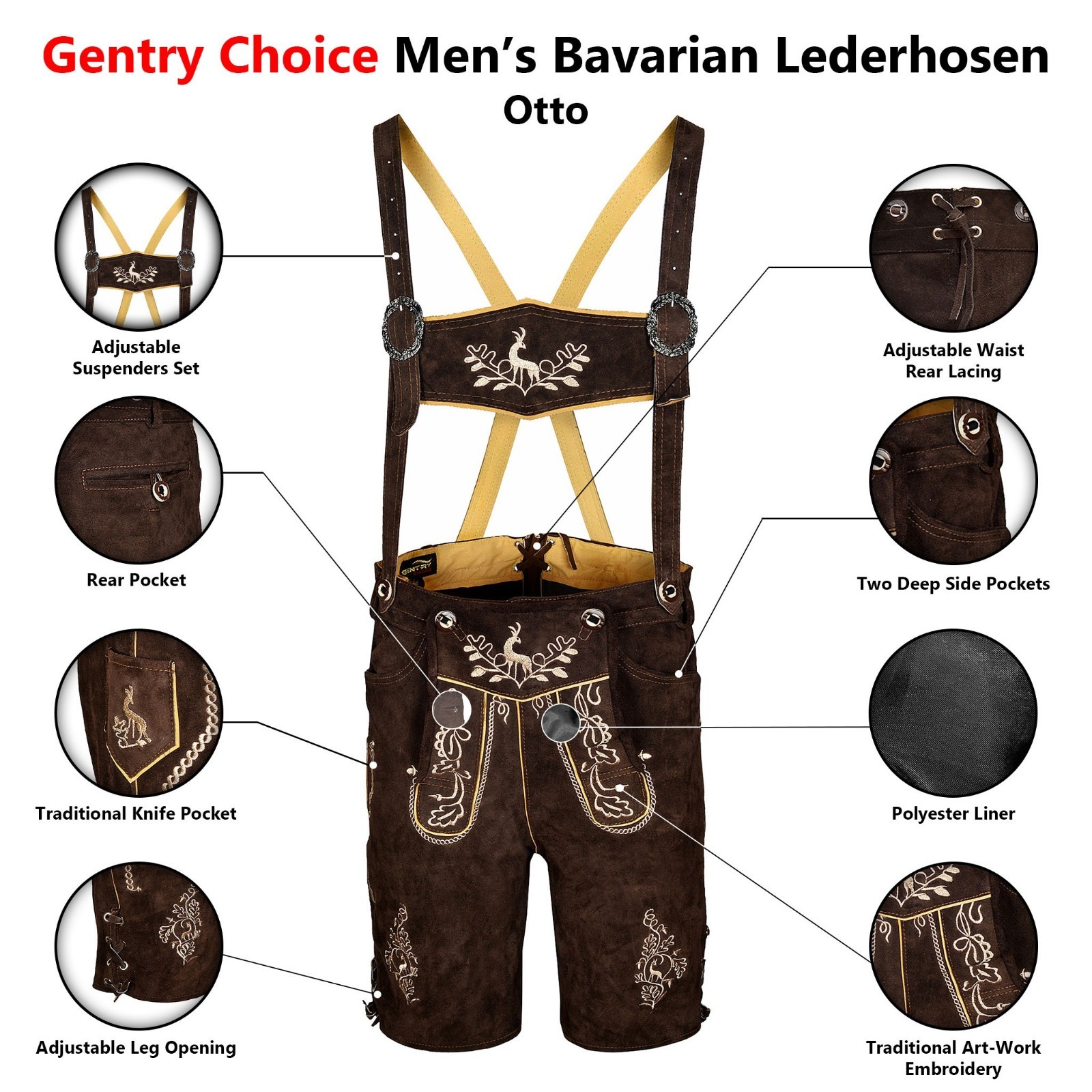 Authentic Men Lederhosen Otto with Deer and Oak Embroidery Oktoberfest Costume