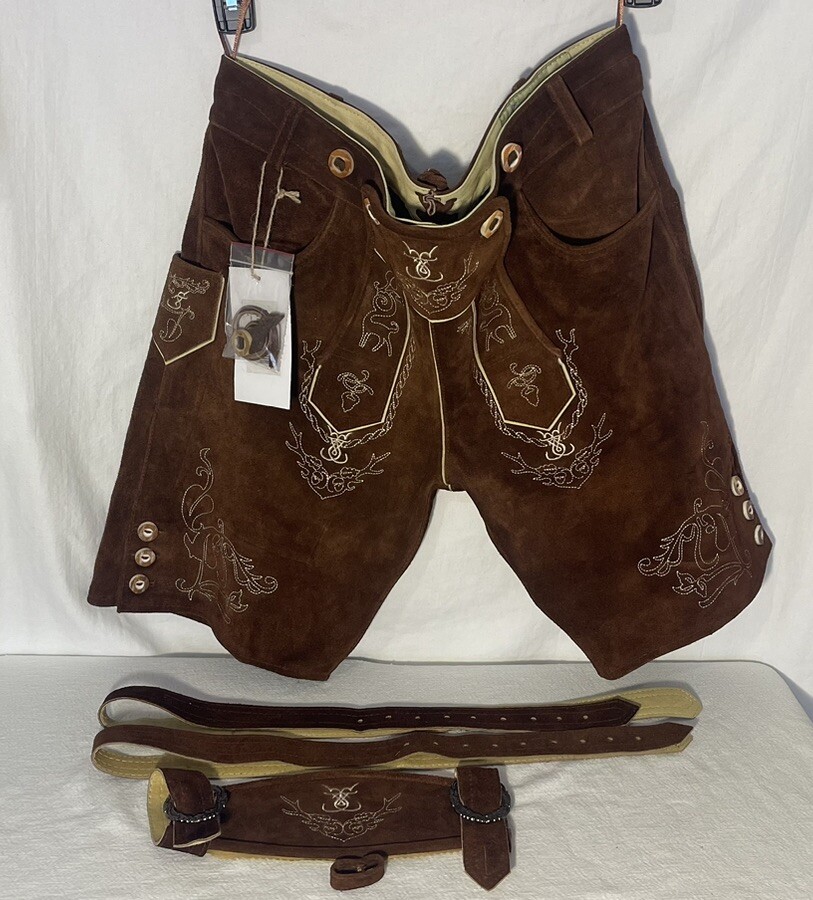 Schoneberger NWT German Lederhosen Size US36 Brown Leather Suede Short Pants NEW