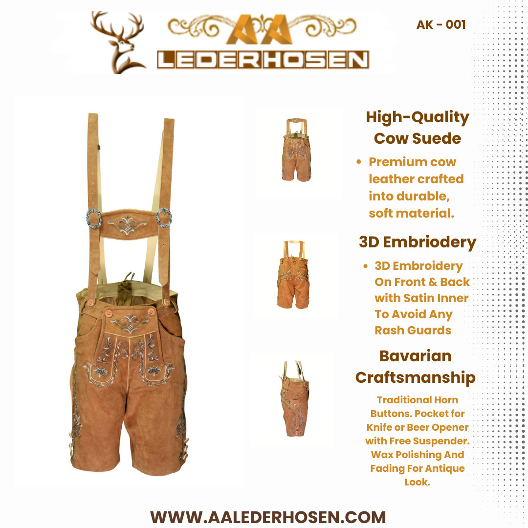 Lederhosen Men Brown Soft Suede Bavarian Outfit Premium Leather with 3D Embriode