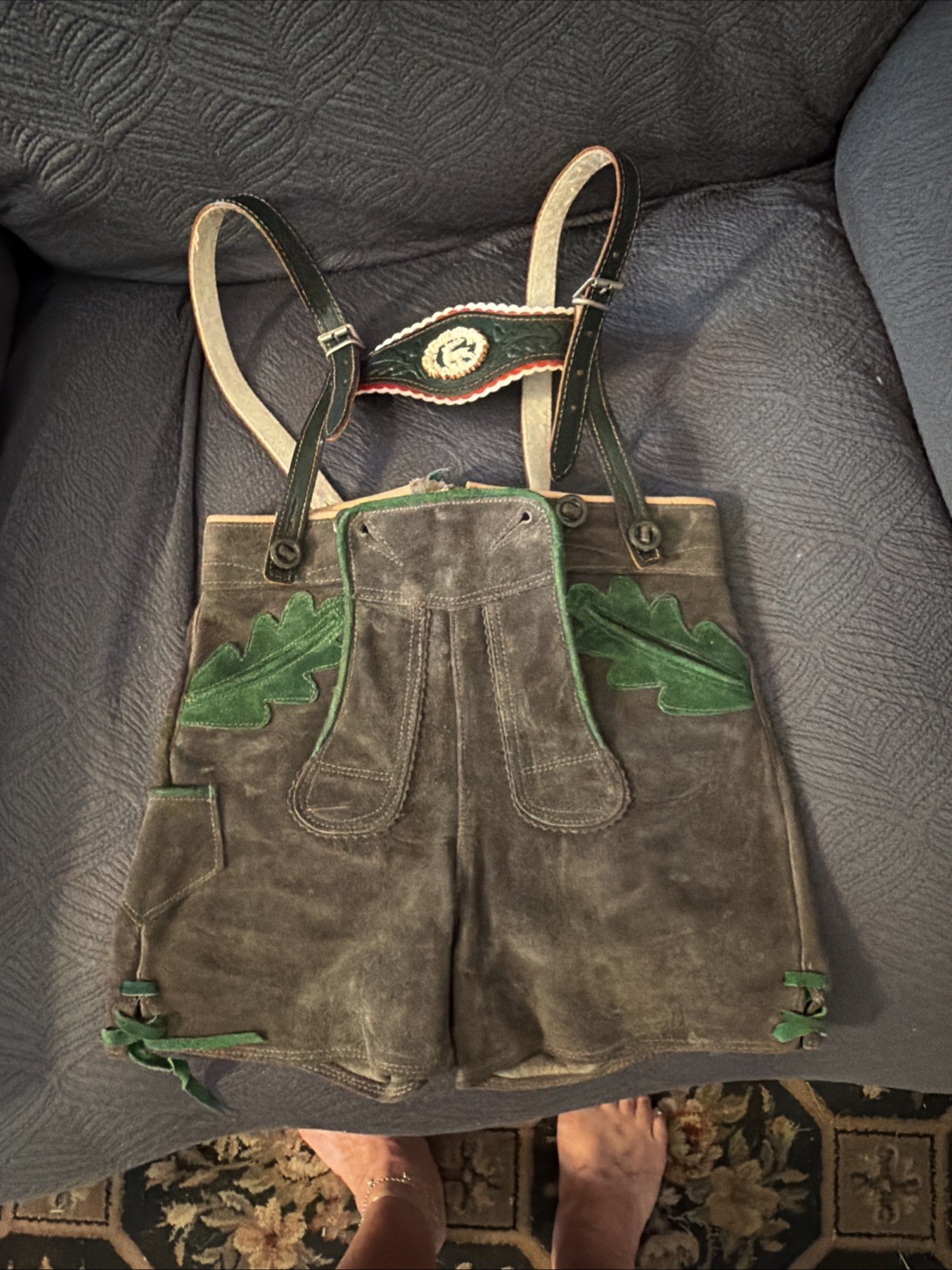 Vintage Lederhosen West Germany Leather Suede Gray Waist 21 Button Suspenders