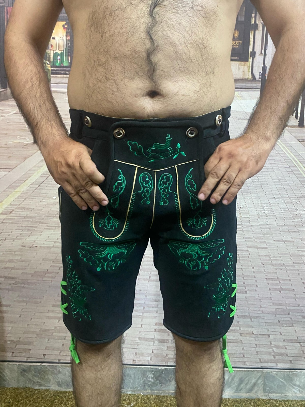 Suspenders – Black Cow Leather Lederhosen for Men with Green Embroidery Shorts