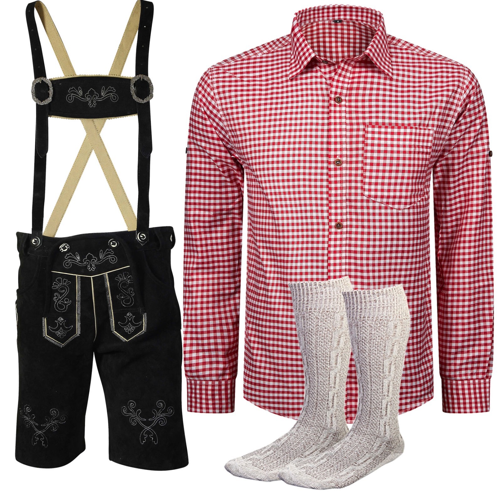 Costume set men’s short costume leather pants size 46 to 62 red shirt with socks