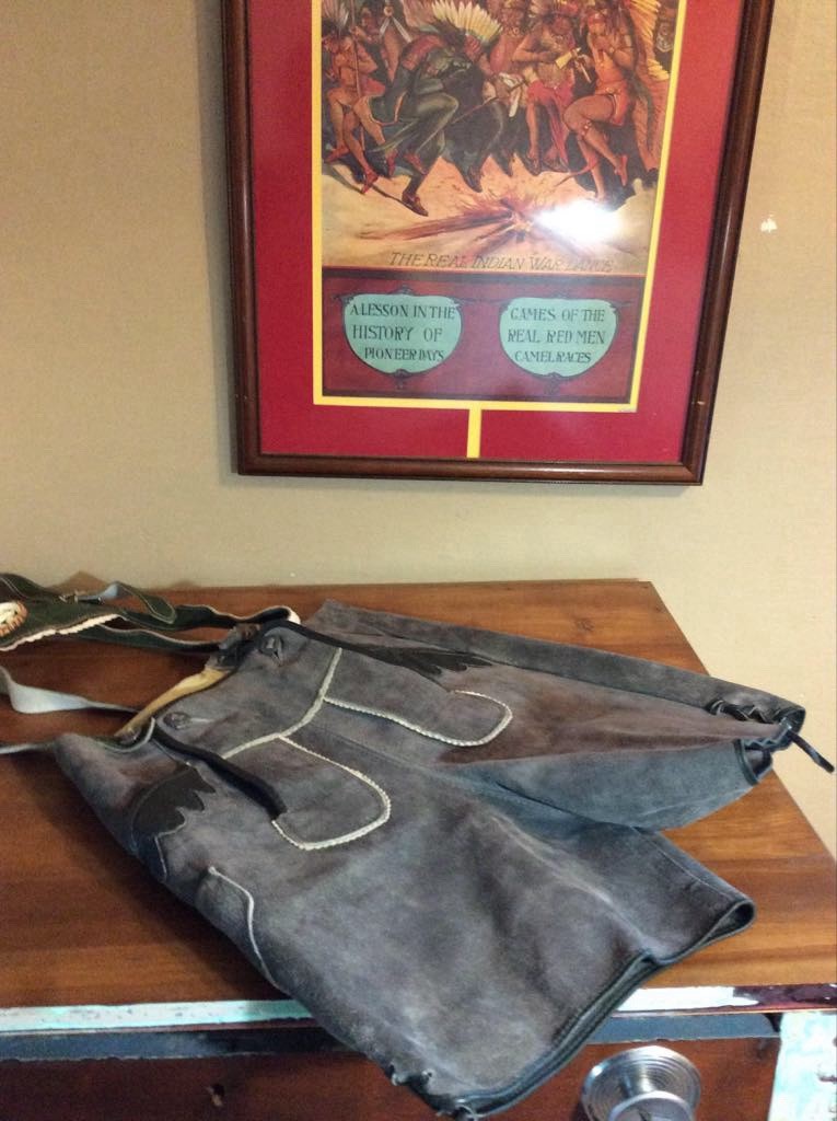 Vintage Leather Lederhosen with Suspenders. Octoberfest Deer Emblem