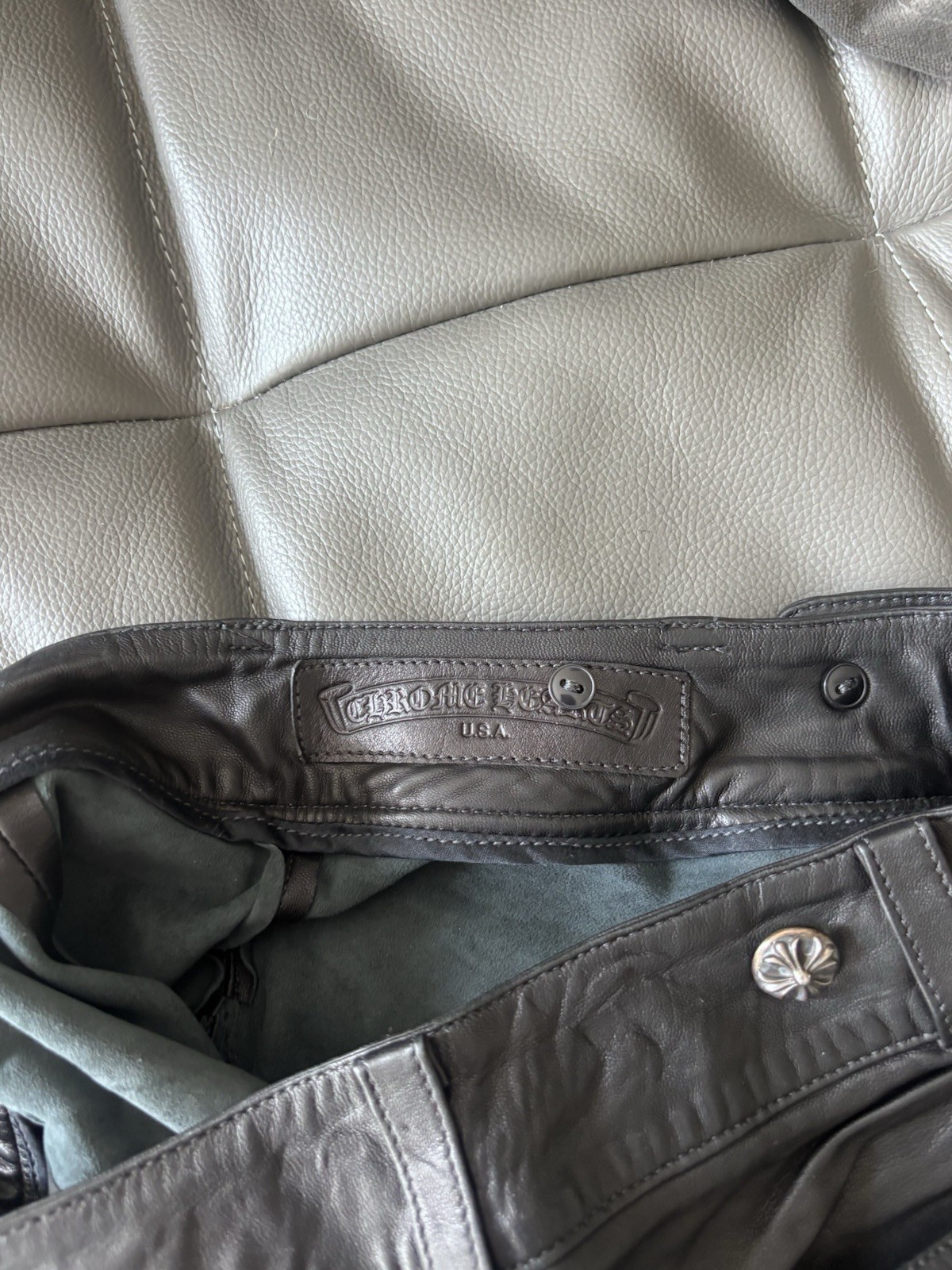 Chrome Hearts Black Leather Shorts Button Front Flap Size S