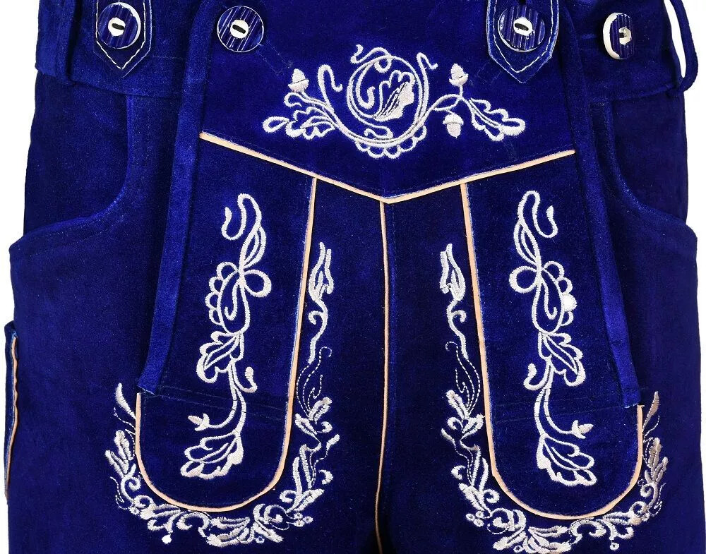 German Bavarian LEDERHOSEN Oktoberfest Real Cowhide Leather Matching Short Blue