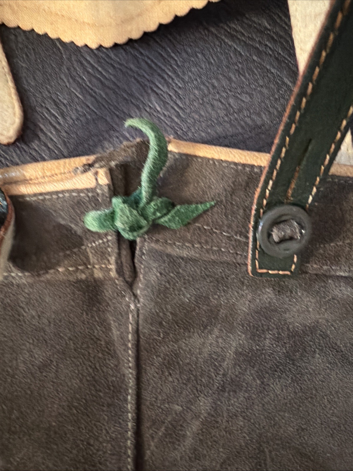 Vintage Lederhosen West Germany Leather Suede Gray Waist 21 Button Suspenders