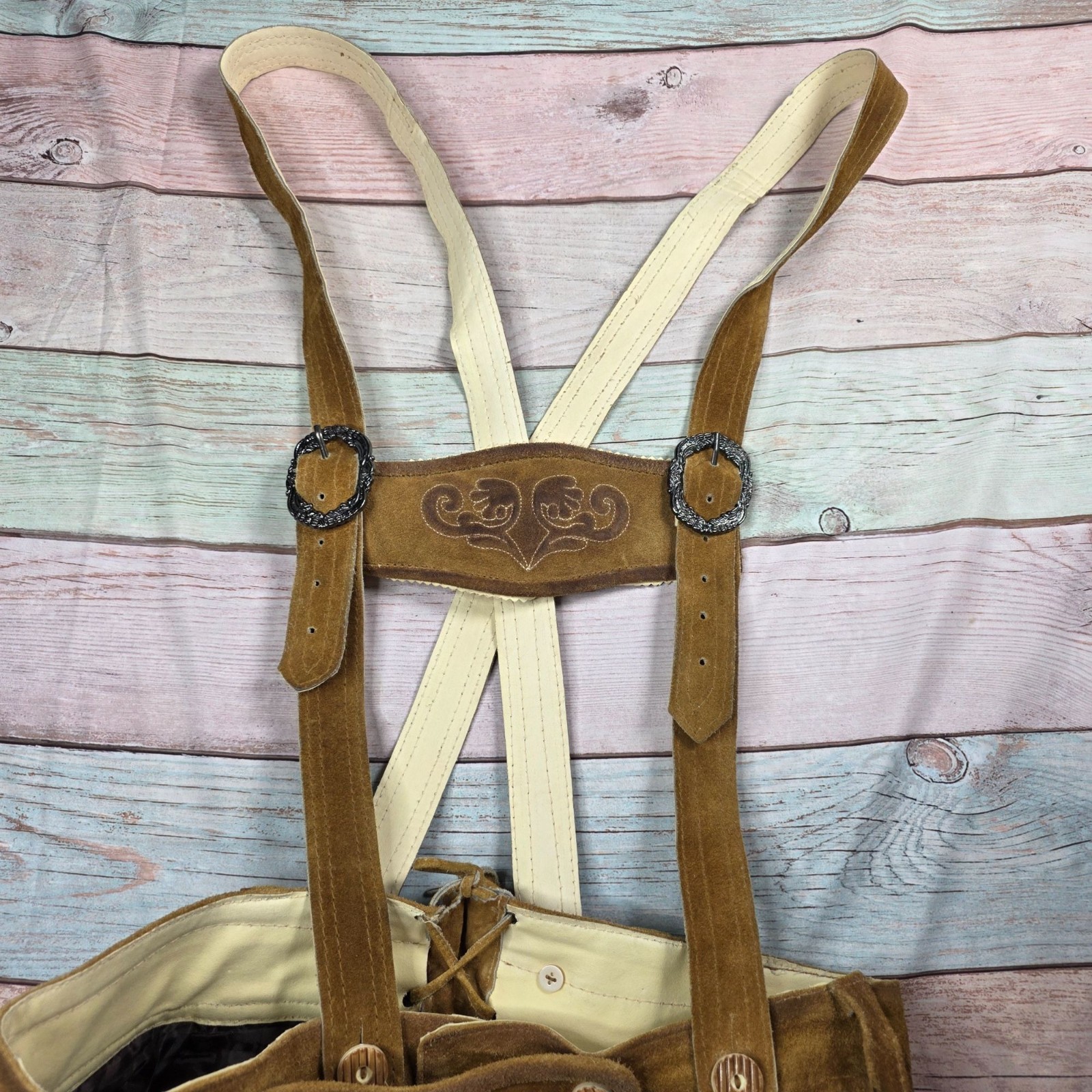 Vintage German Lederhosen With Embroidered Detailing & Suspenders