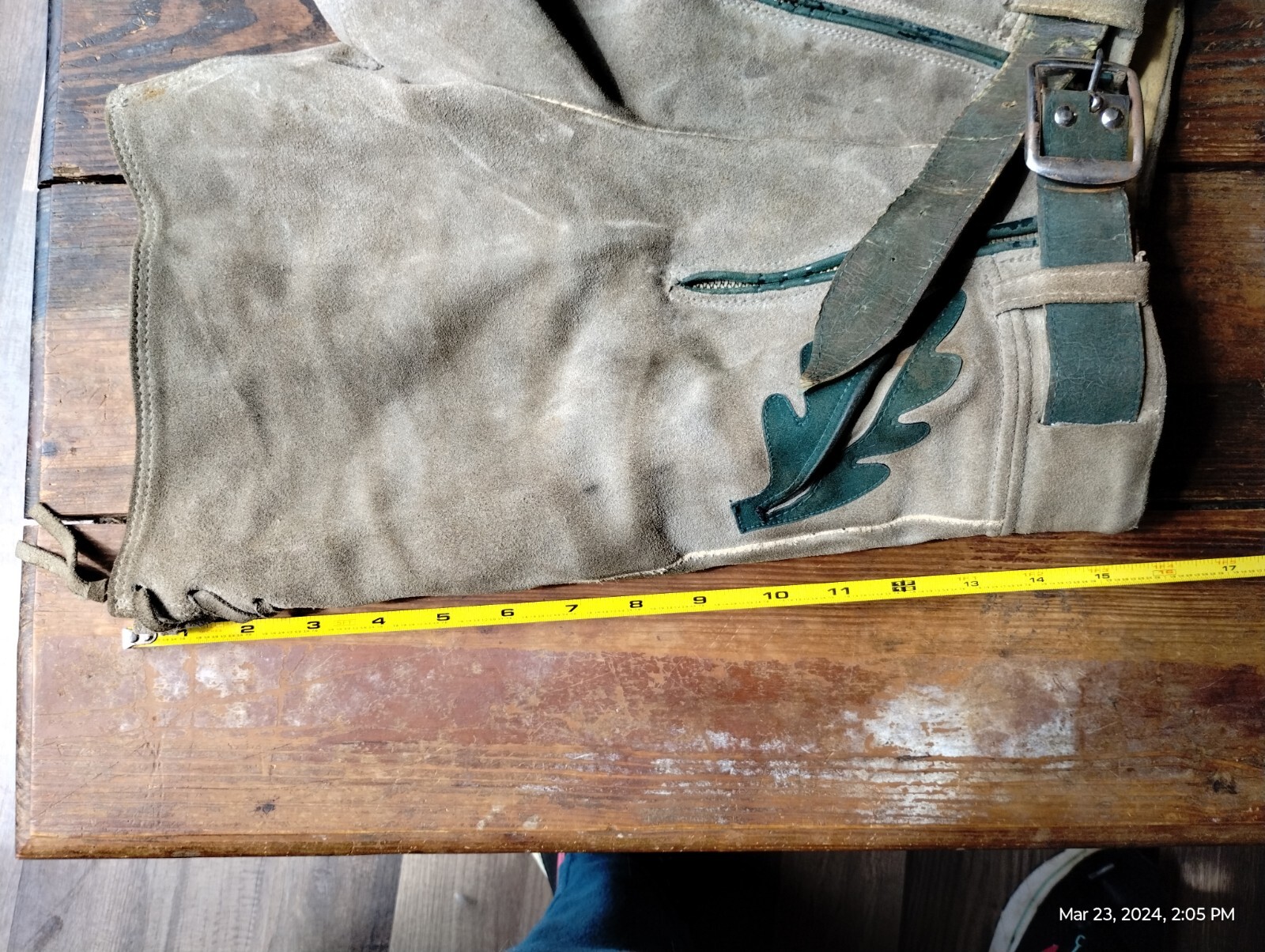 Vintage Child’s Lederhosen Shorts Gray Green Suede Waist 13″ Length 15″