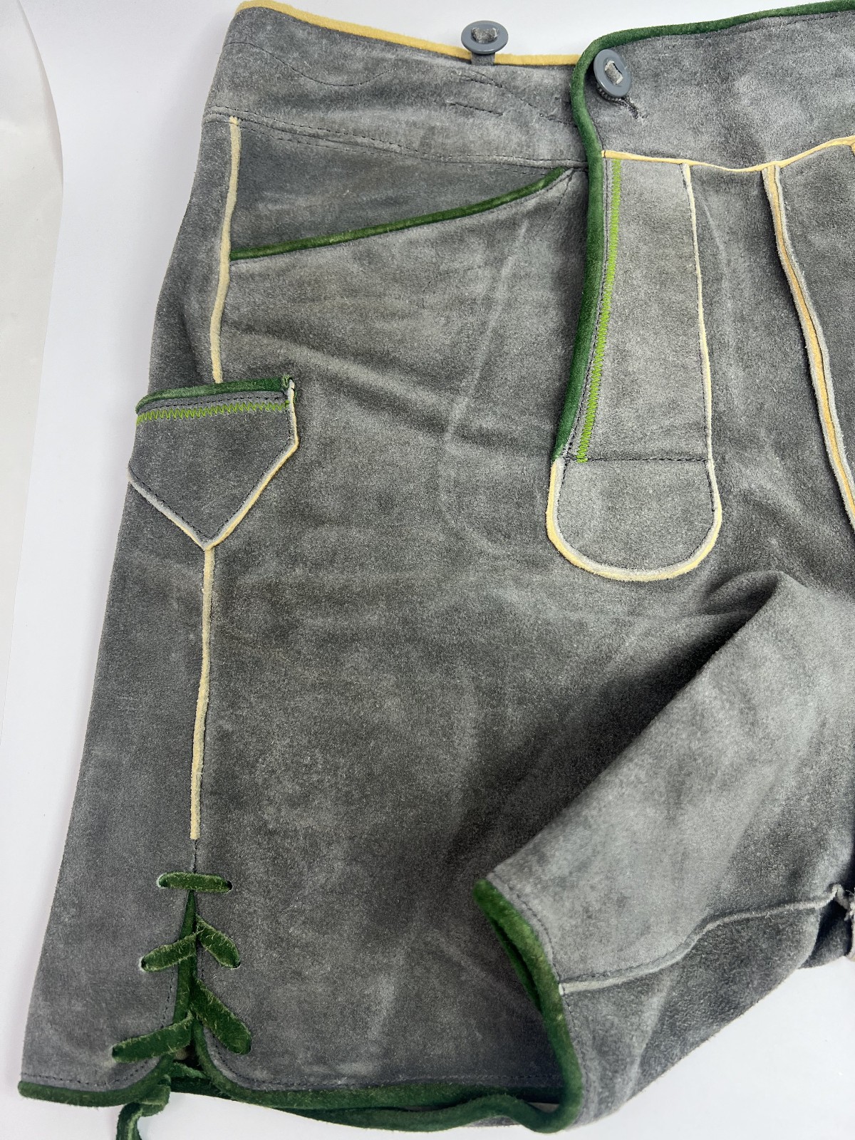 Lederhosen Oktoberfest Suede Leather Gray Shorts Green Trim No Size Tag