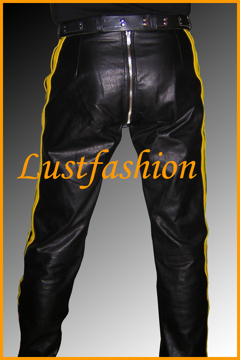 Lederhose schwarz gelb Hose Lederjeans NEU Cod piece leather pants trousers new