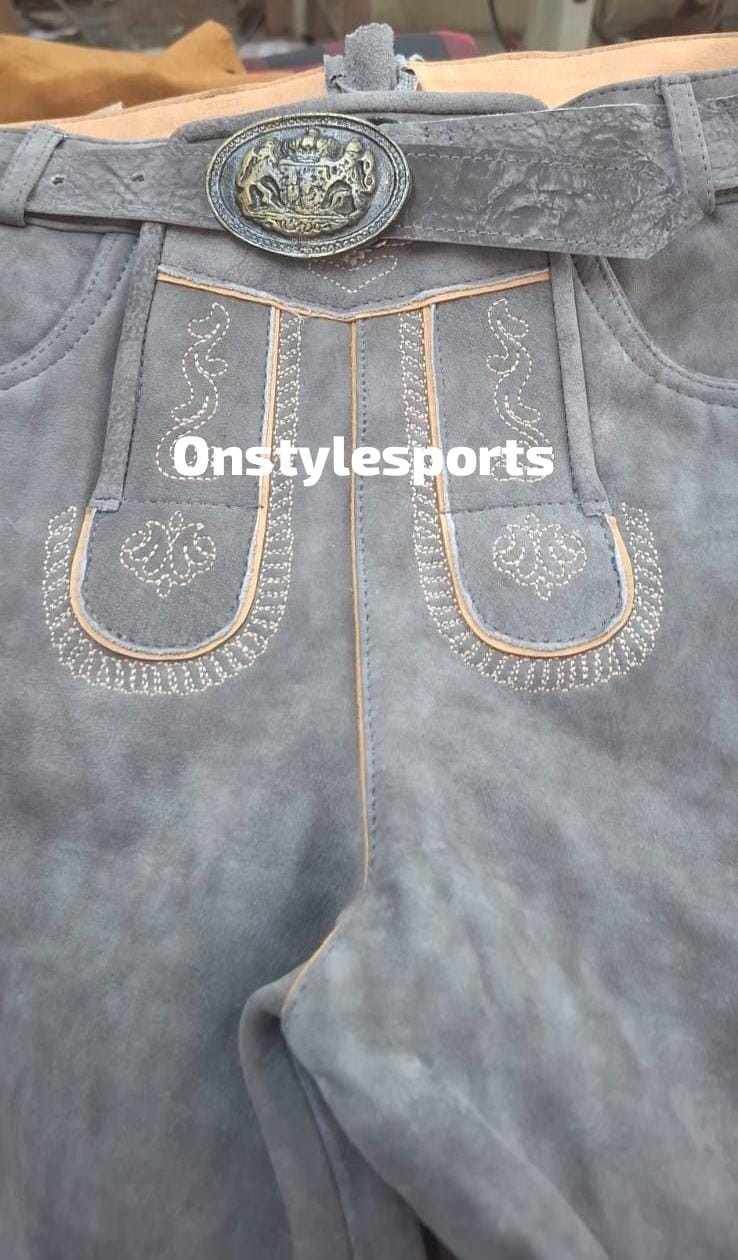Oktoberfest Lederhosen Men Genuine Suede Leather Shorts Bavarian Costume