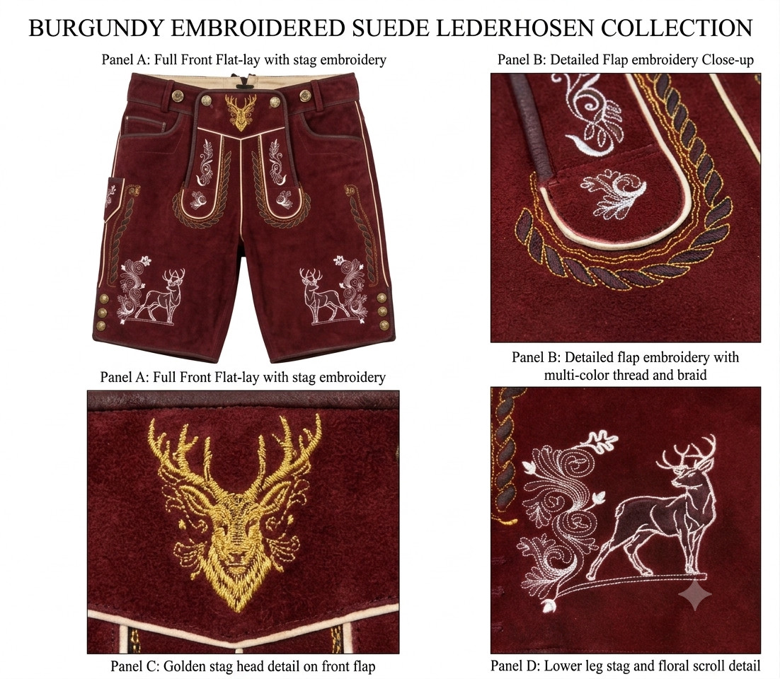 Men Lederhosen Suede Leather Short Burgundy Oktoberfest Trachten Stag Embroidery