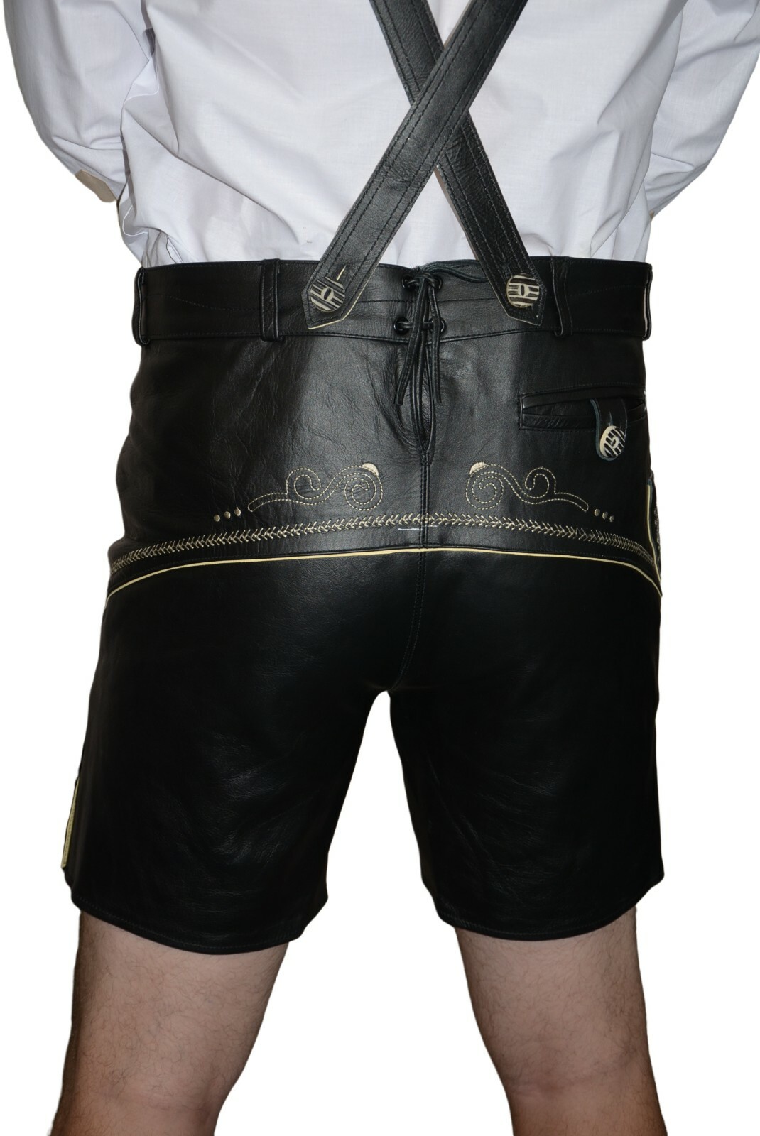 Black German Men LEATHER LEDERHOSEN Oktoberfest Shorts Pants Bavarian / 2 Pc SET