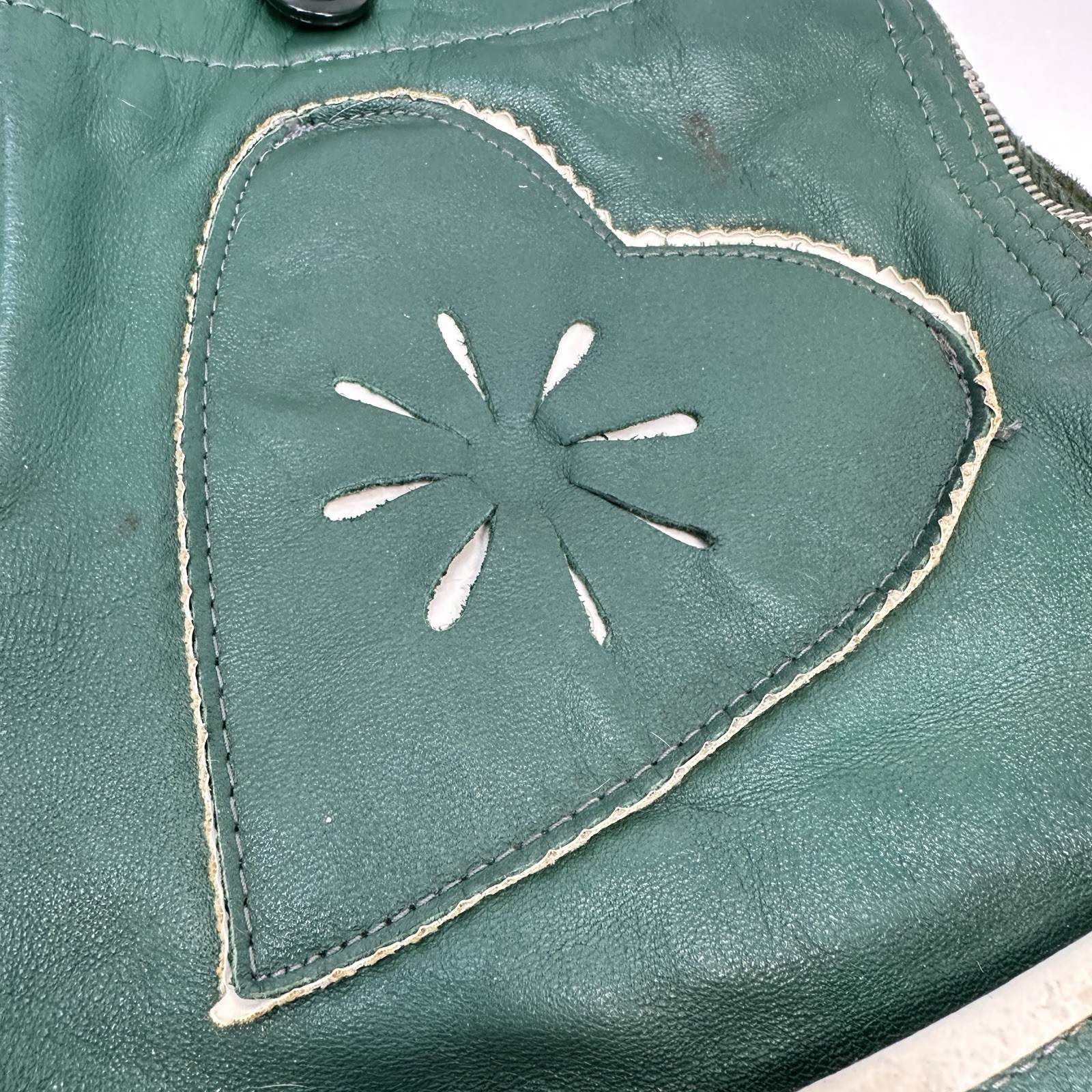 Vintage Green Leather Heart Lederhosen Child Size (see photos for measurements)
