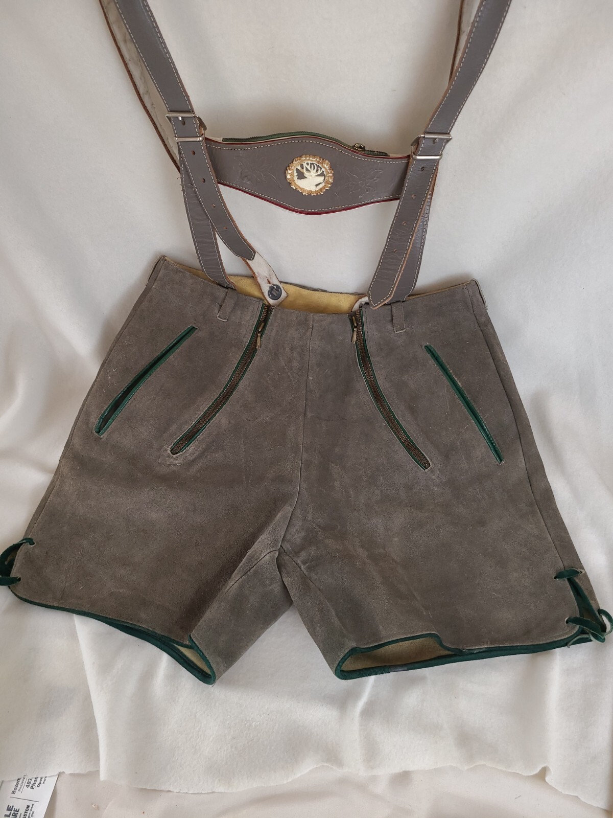 Vintage Lederhosen gray-brown color suede leather, green accent