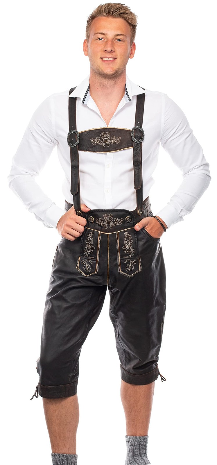 Traditional Lederhosen Men’s CapriLength Dark Brown – Size 50 – Oktoberfest