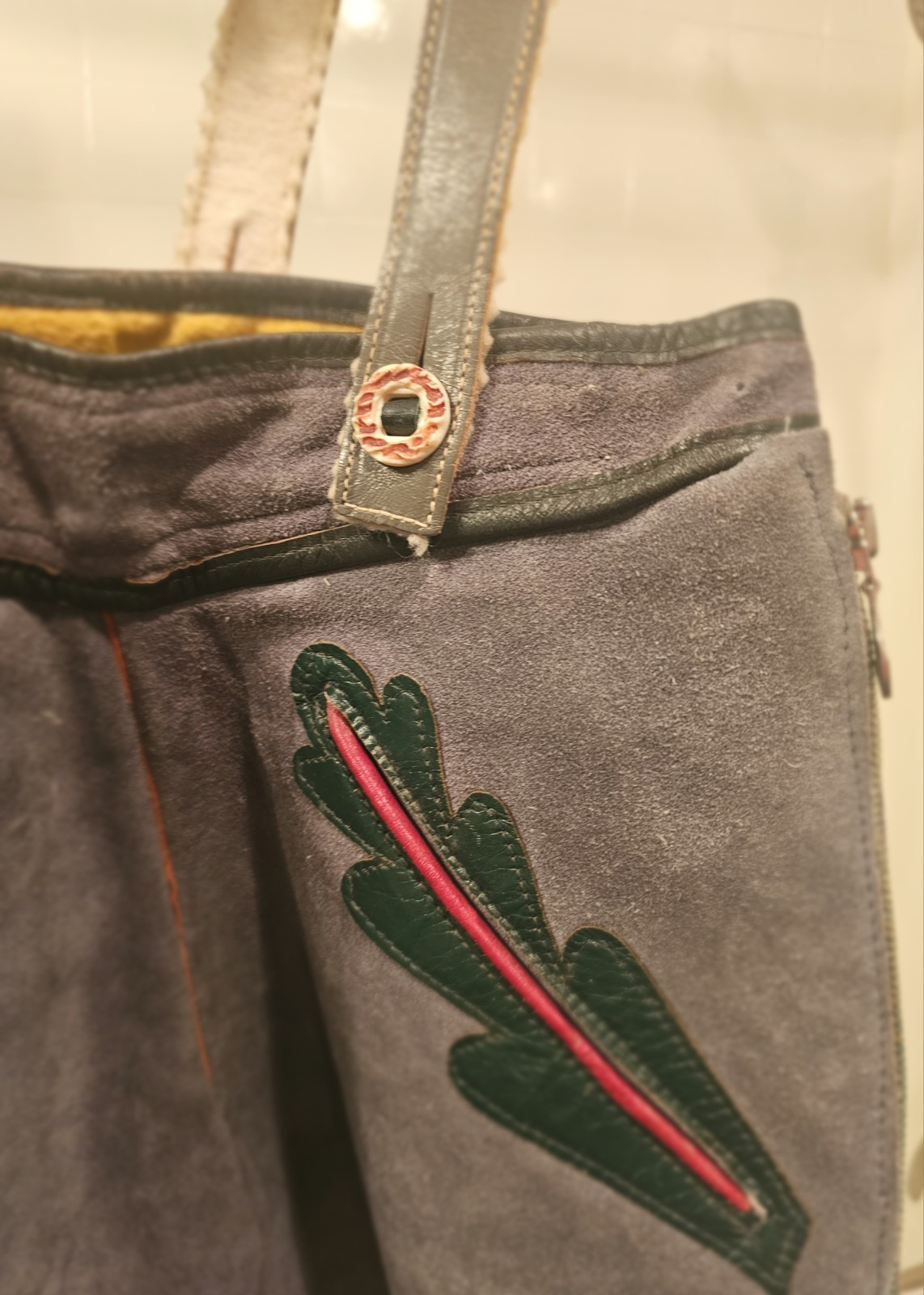 Vintage Leather Grey Gray Lederhosen with Suspenders. Octoberfest.