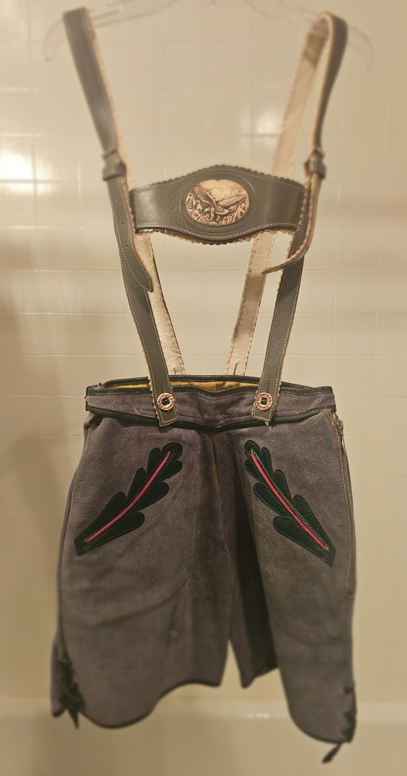 Vintage Leather Grey Gray Lederhosen with Suspenders. Octoberfest.