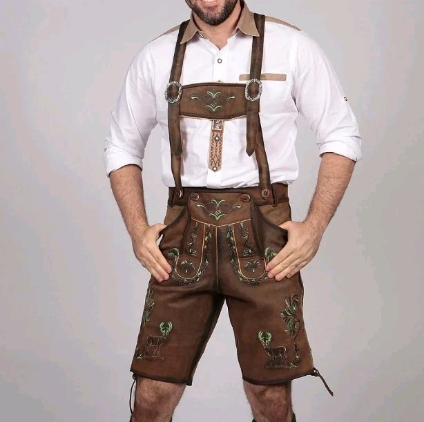 Oktoberfest Bavarian Mens Lederhosen Green Deer Motifs Shorts w/Suspenders Sz 52