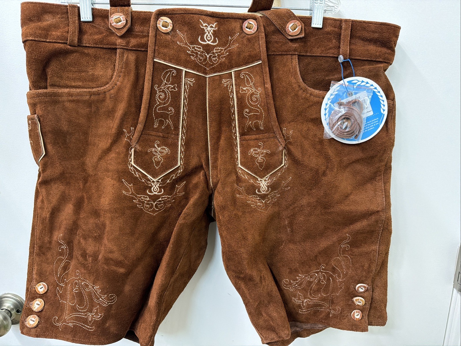 NEW Schonberger Trachten Mens Sz 44” Lederhosen Brown Suede Lamb Leather German