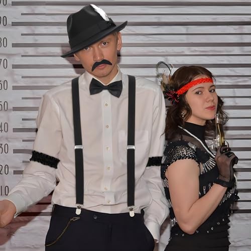 1920s Mens Costume Retro Gatsby Gangster Accessories Set Fedora Hat Black
