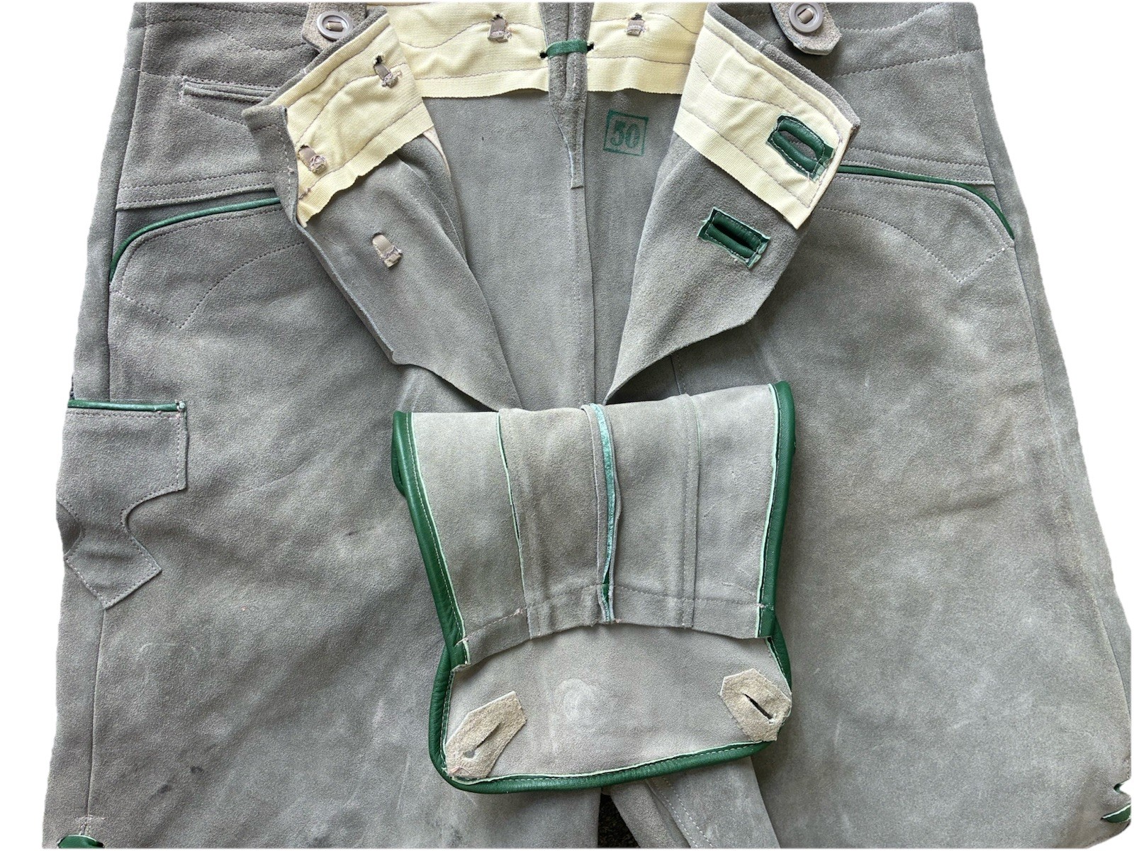 Vintage Lederhosen Men’s Leather Shorts 50 (39 Waist) XL Gray Suede Suspenders